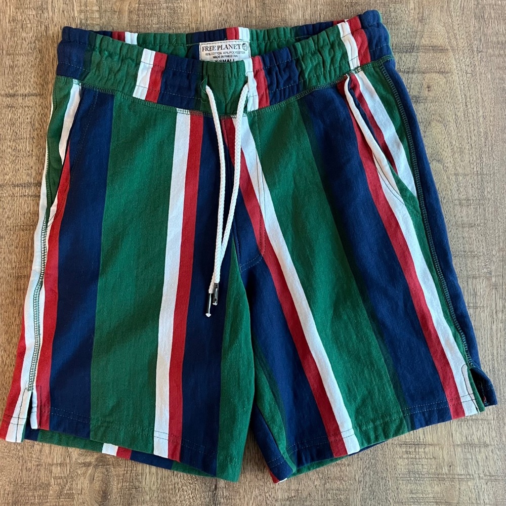 Free Planet Vertical Stripe Knit Shorts Green Navy Red White XS